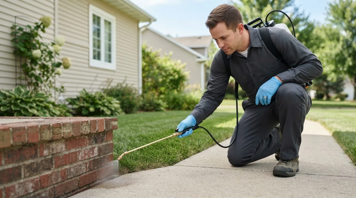 Pest control technician treating a home near Shafer, MN