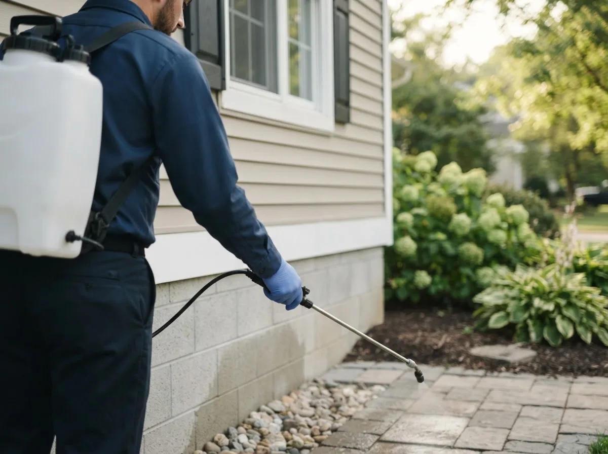 Pest control technician inspecting a home in Shafer, MN